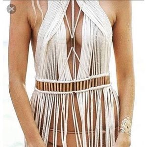 White Fringe Halter Beach Dress